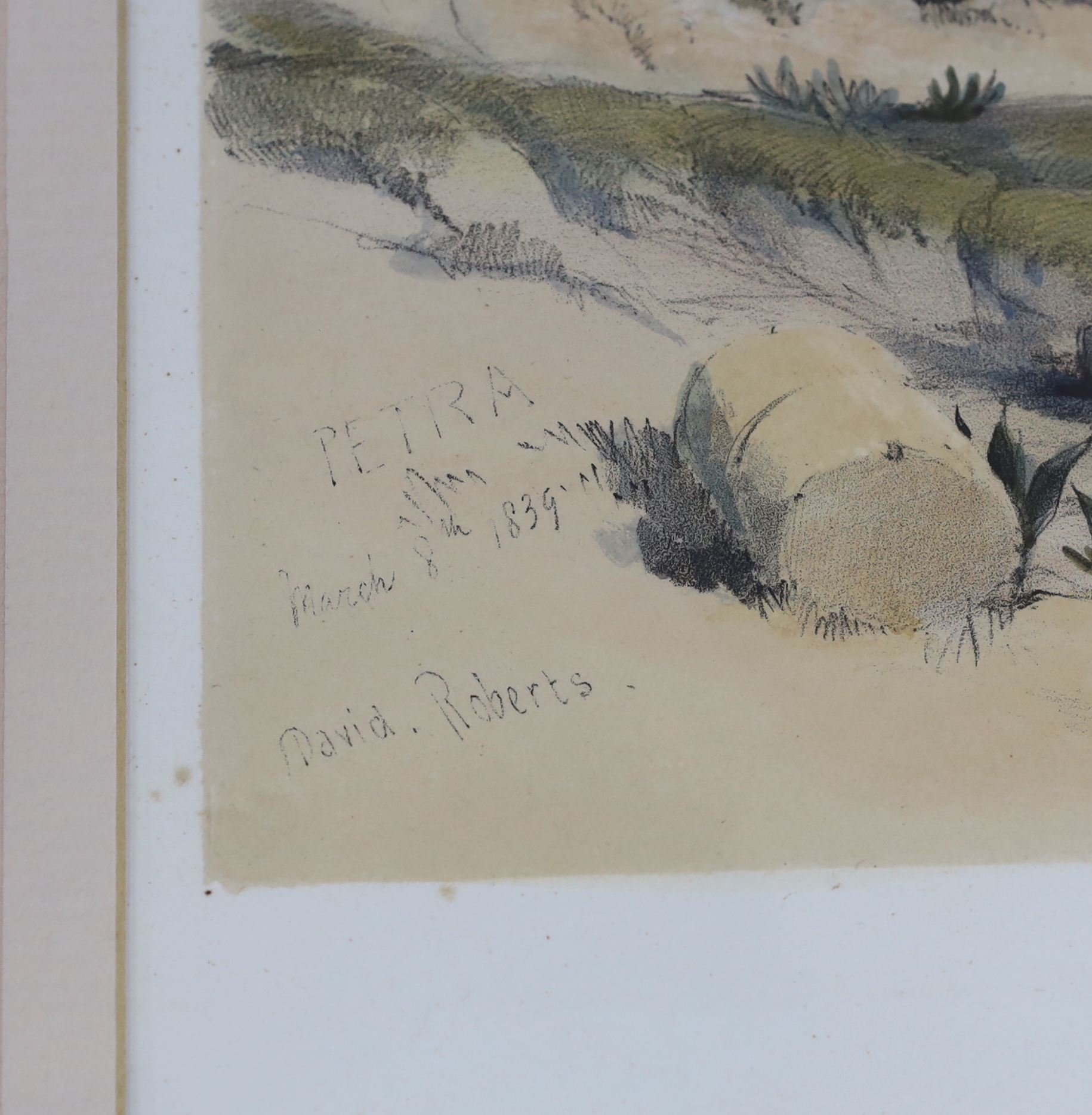 David Roberts (Scottish, 1796-1864), colour lithograph, 'Petra, Eastern End of the Valley’ publ. F.G. Moon, July 1st 1842, 36 x 53cm